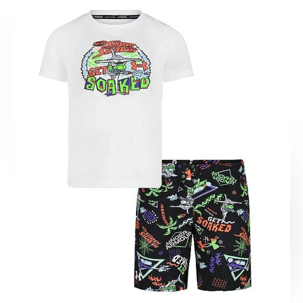 NEW Little Boy Nerf Under Armour Rashguard & Neon Accent Swim Trunks Set